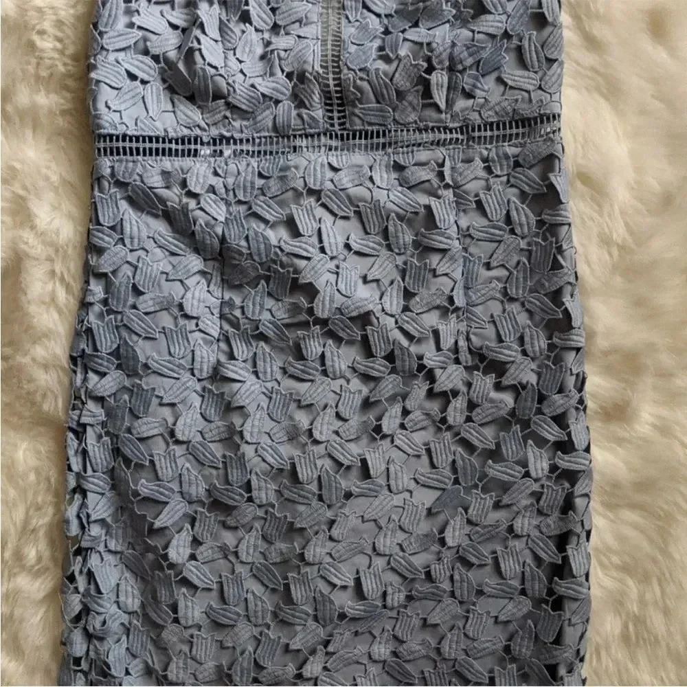 Bardot Gemma Dress in Dusty Blue 4 Revolve Lacy Classy Embroidered Floral EUC - Picture 5 of 12